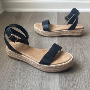Black Leather Espadrille Platform Sandals